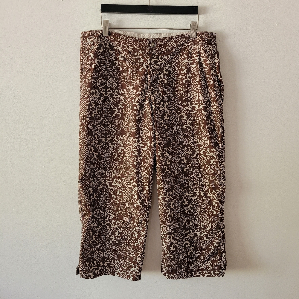 Prana Womens Lightweight Paisley Capri Pant Adjustable Waist Large Brown‎ White